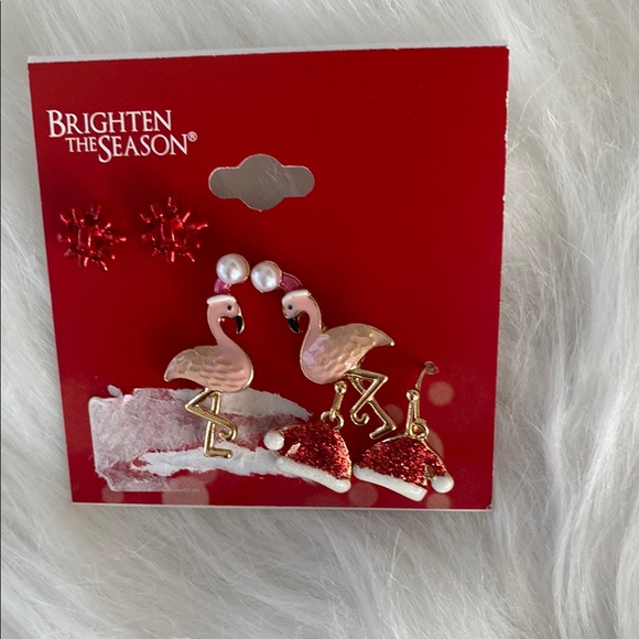 Jewelry - New 3 pair set Flamingo and Santa Hat Earrings
